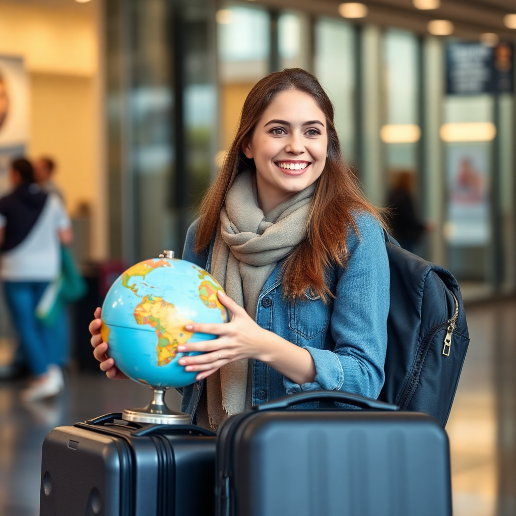 A smiling student holding a globe.
